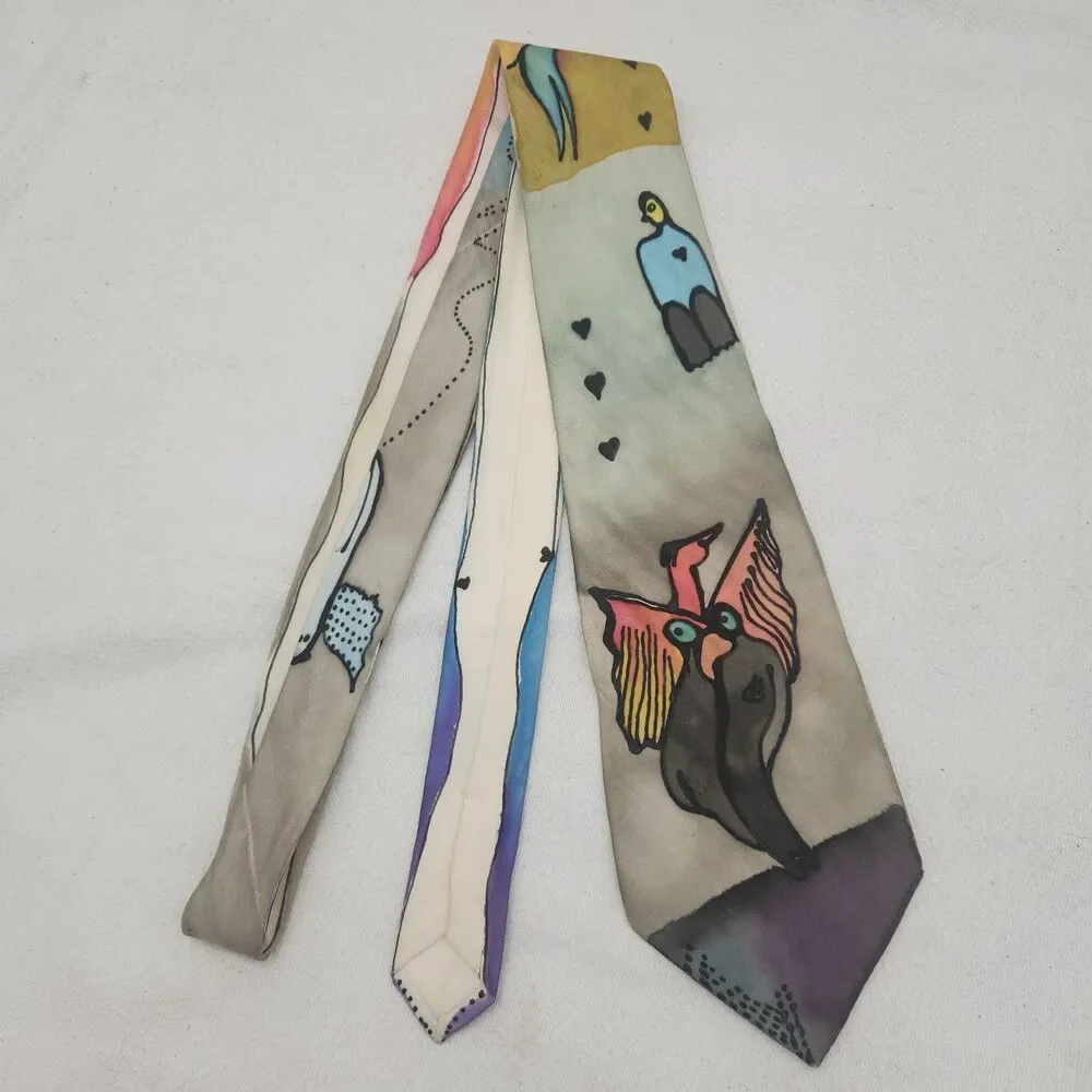 Tie Meier Seide Silk Hand Painted Artist Signed German VTG Phoenix Birds Owl